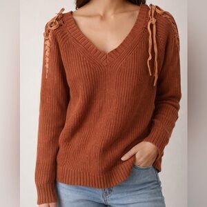 DO+BE Women's Rust Orange V-Neck Sweater with Lace-Up Shoulders